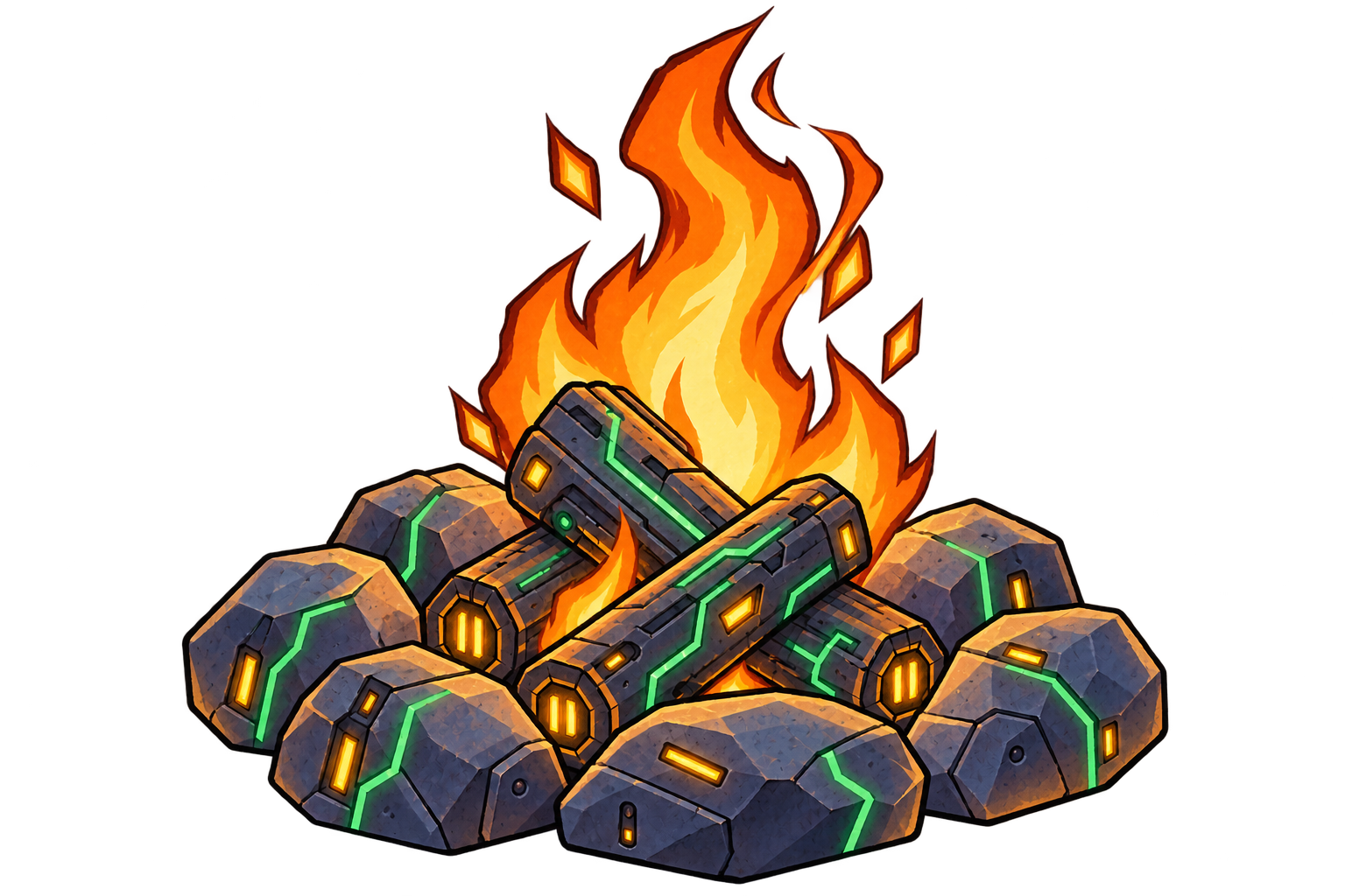 A warm campfire burning over crossed logs in a ring of stones.