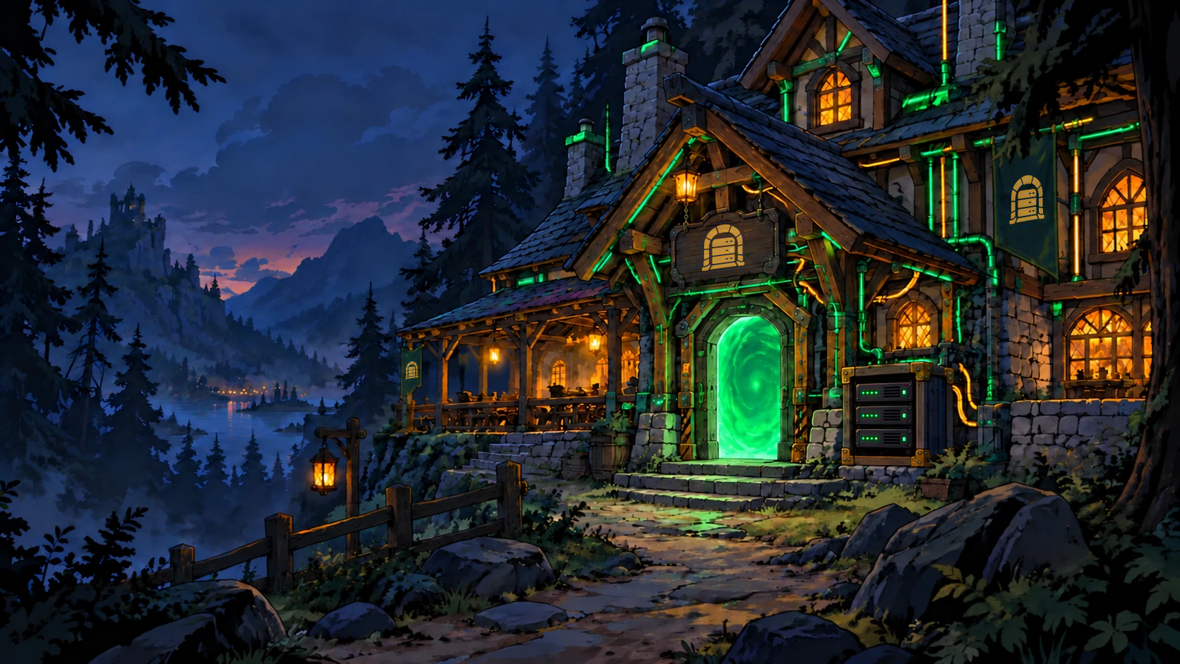 An illustrated woodland tavern with amber windows, an emerald portal entrance, and a timber-framed server cabinet connected by glowing green lines
