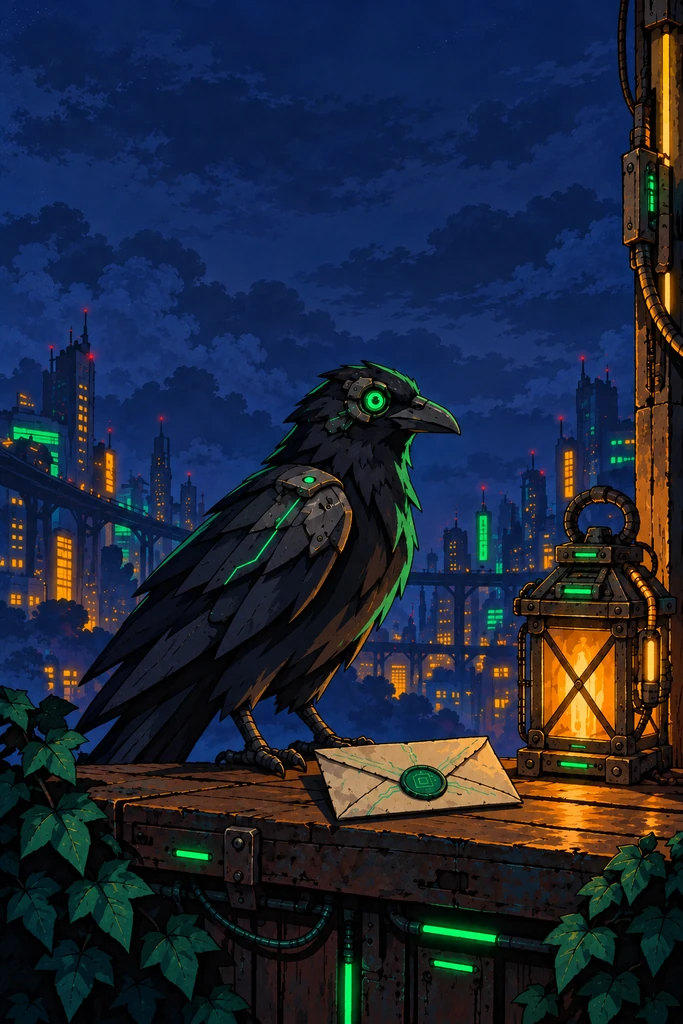 An illustrated raven waits beside a letter and a warm lantern.
