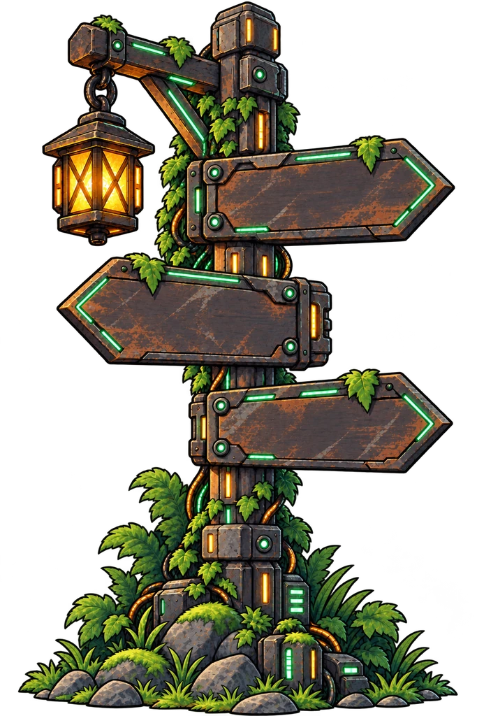A lantern-lit wooden signpost at a woodland crossroads