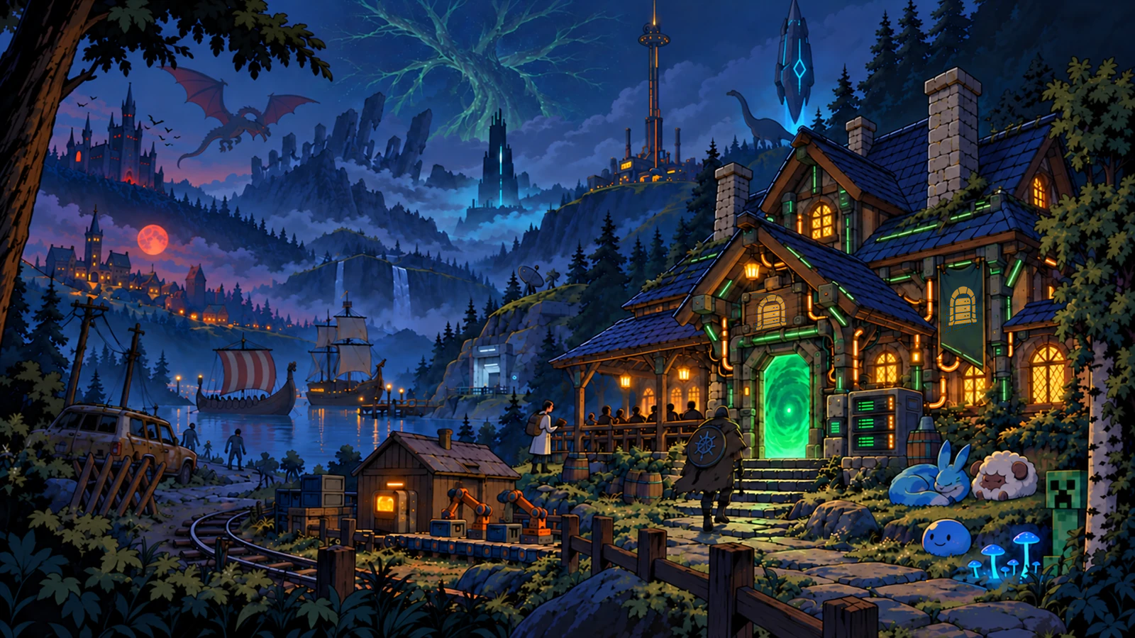 A glowing woodland tavern surrounded by a Viking harbor, floating islands, factory towers, dinosaurs, and giant blue mushrooms